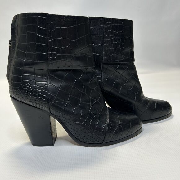 Rag & Bone Womens Newbury Croc Embossed Leather Ankle Booties 5.5 Black Classic - Picture 1 of 10